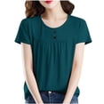thumbnail image 2 of YueHuiYing Women's Solid Color Ruched Button Crew Neck Short Sleeve Top For Casual Fashion Daily Wear And Weekend Errands, 2 of 5