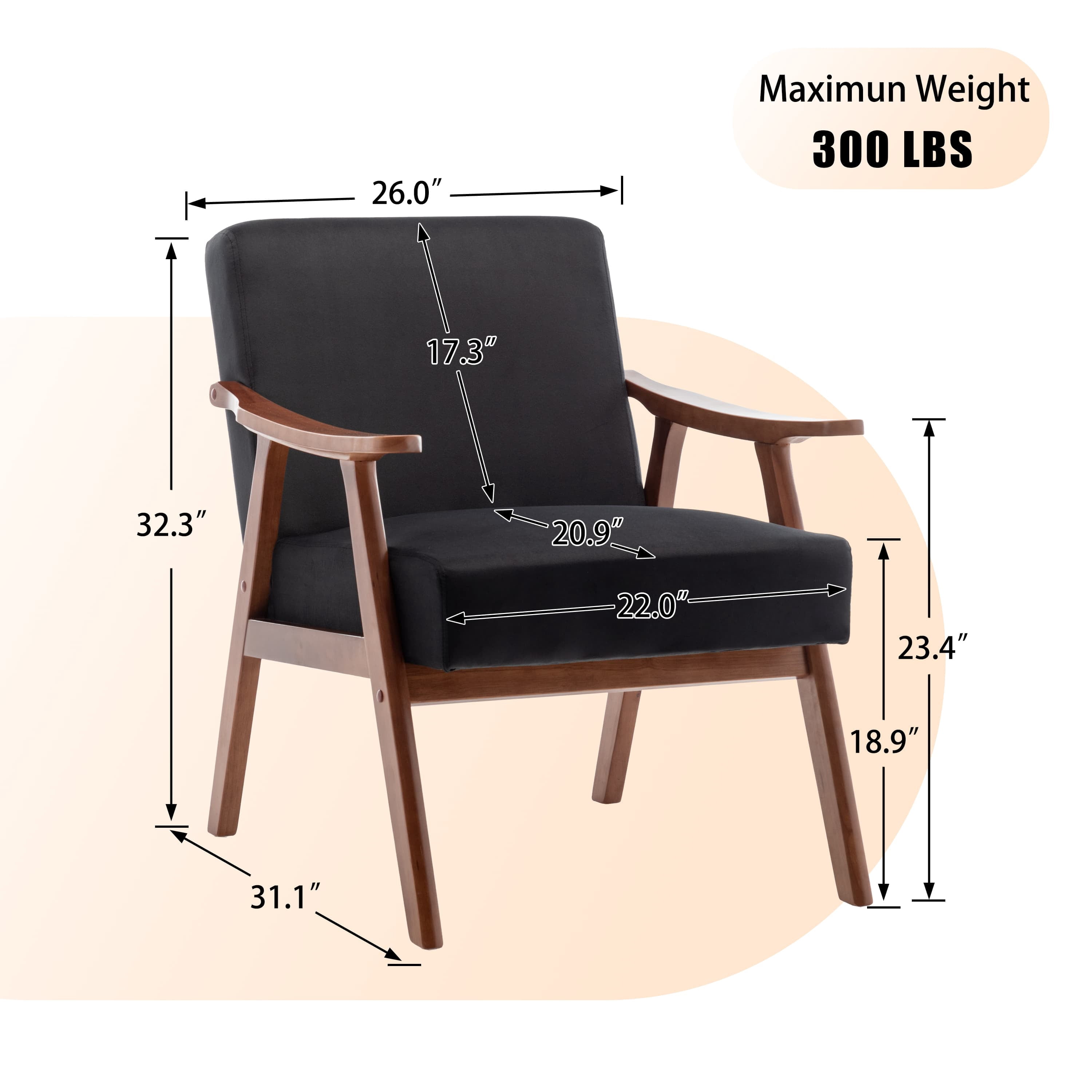 MAYEERTY Mid-Century Modern Chair Solid Wood Frame Accent Chair Extra-Thick Backrest Wingback Lounge Indoor Living Room Bedroom Reading Room