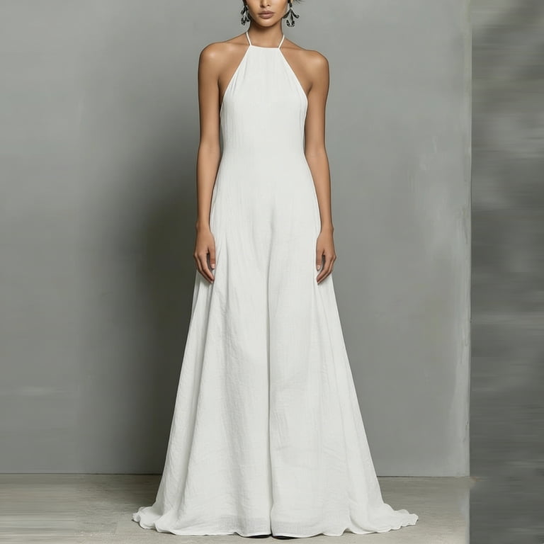 white halter dress casual Hinvhai Women's Halter Neck Sleeveless Maxi Dress Backless Side Pockets Solid Color Casual Loose Fit Dress White, Size: Large