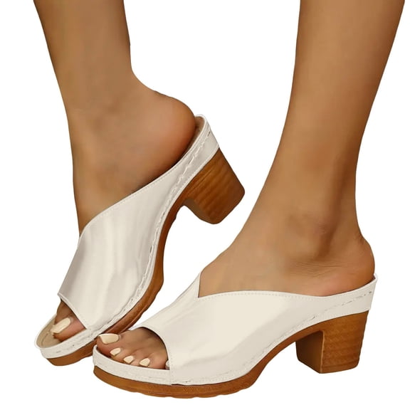 Modisza Womens Chunky Heel Slide Sandals with Arch Support Low Block Heeled Platform Shoes Ladies Open Toes Summer Sandal White Size 9