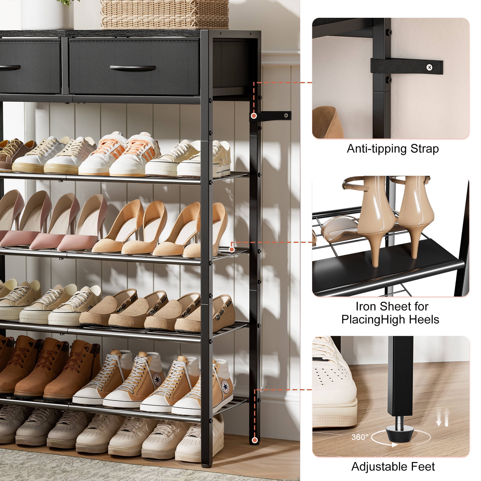 BGTREND 5-Tier Shoe Rack Organizer with Wooden Top and 2 Fabric Drawers, Shoe Stand Shelf for Entryway Hallway, Black