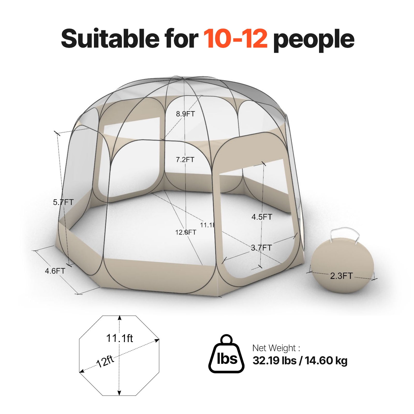 KFFKFF Pop-Up Clear Bubble Tent, 12 x 11.1 ft Waterproof & UV-Resistant Outdoor Dome, Transparent Camping Shelter with Windows, 540° Panoramic View, Fits 10-12 People for Patio or Backyard Use