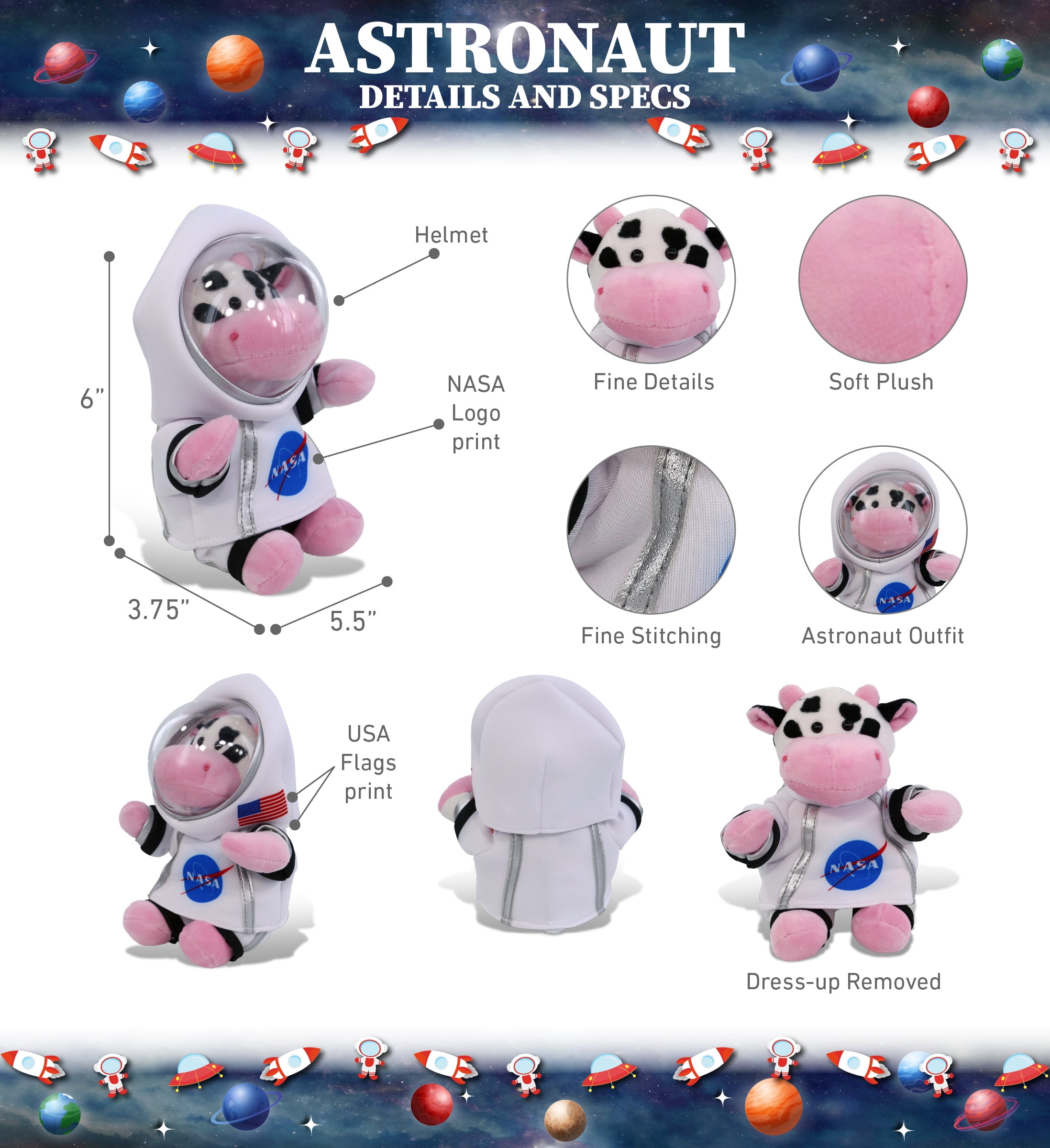 DolliBu Cow Astronaut Plush Toy - Super Soft Farm Life Astronaut Stuffed Animal Plush with Space Helmet and NASA Astronaut Suit, Cute Spaceman Doll Decor for Girls and Boys - 6 Inch
