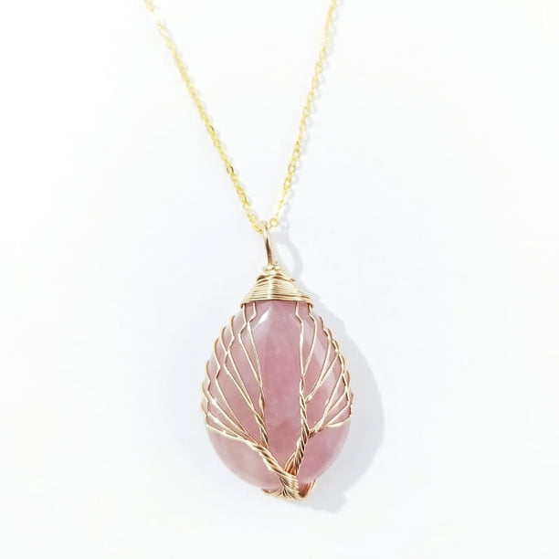 Zhuge Collar con colgante de árbol de la vida, adornos de collar para hombres y mujeres hechos a mano, collar con colgante de gota de agua de árbol de la vida envuelto en oro (rosa)