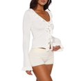 thumbnail image 2 of Women Ruffle Tie Front Cardigan Sweater Long Bell Sleeve Cropped Knit Sweater Top White M, 2 of 7