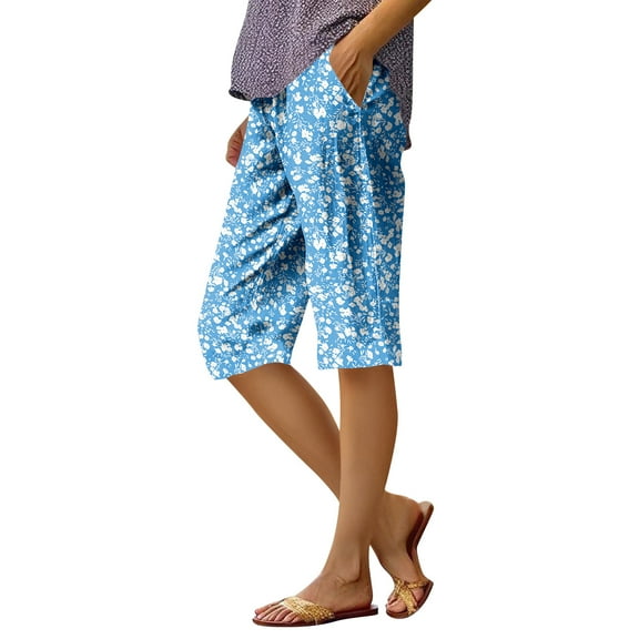 JULMCOMO Pedal Pushers for Women Dressy Casual Linen Capri Pants Knee Length Elastic Waist Lightweight Shorts Trendy Summer Linen Capri Pants with Pockets Blue L