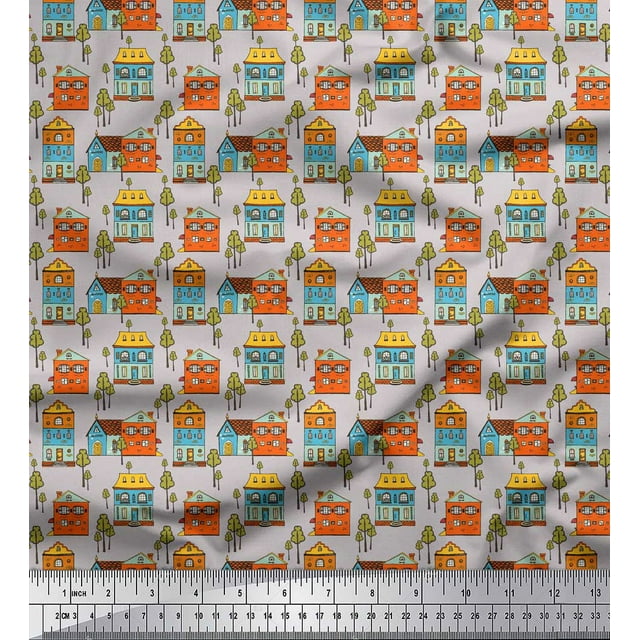 Soimoi Gray Poly Georgette Fabric Tree & House Architectural Print Fabric by the Yard 52 Inch Wide