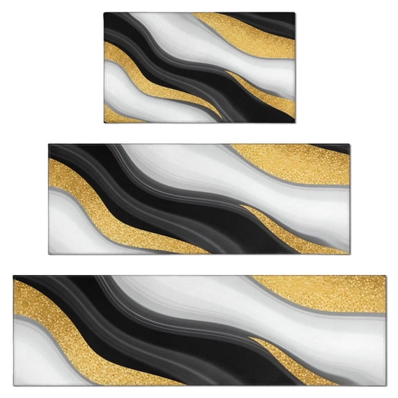 Black White Gold Wave Marble Pattern Kitchen Rugs Sets Of 3,Kitchen Runner Rugs Non Skid Washable,Decorative Kitchen Floor Mats for Kitchen,Sink,Laundry,17"x30"  17"x47"   17"x59"