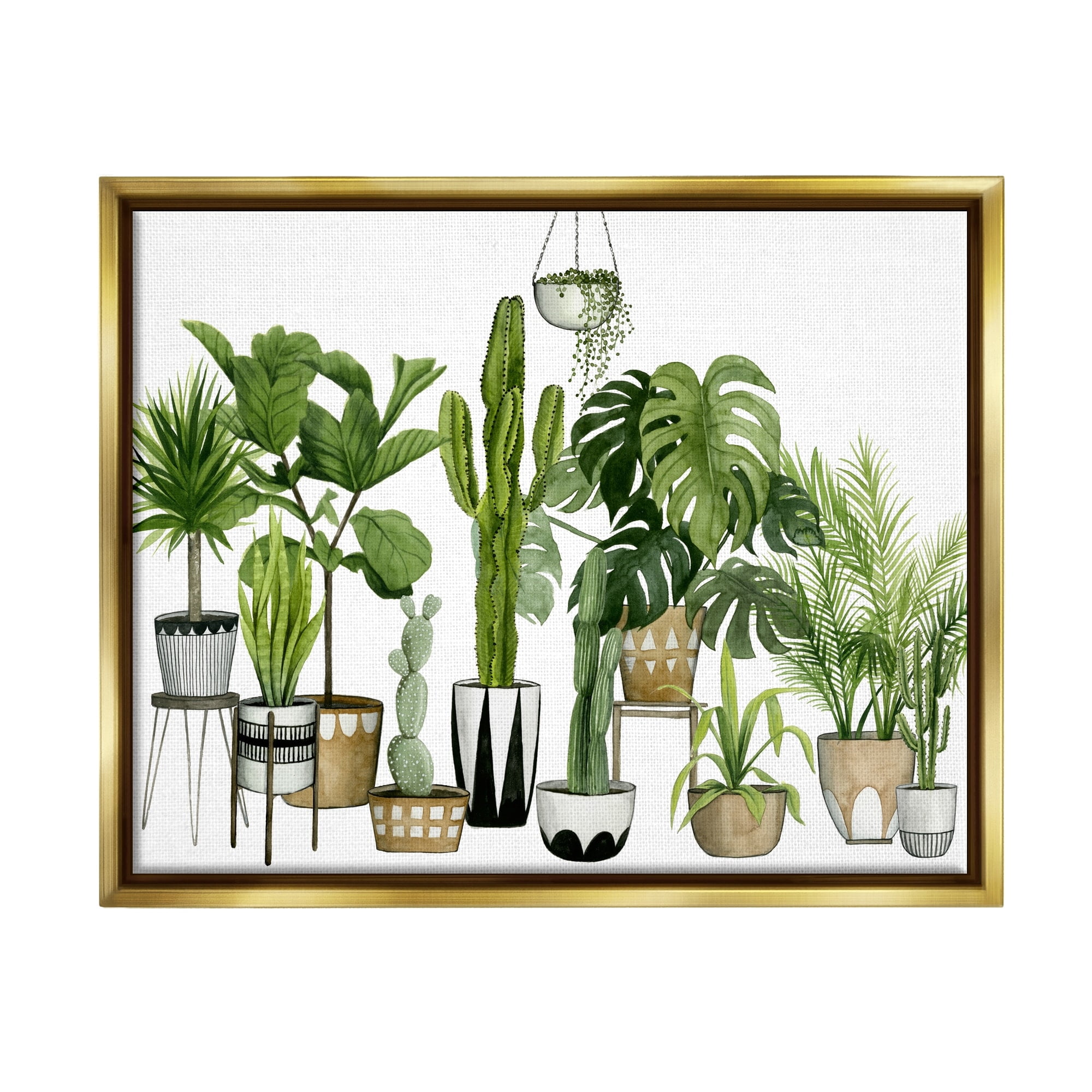 Stupell Industries Boho Plant Scene with Cacti and Succulents in Geometric Pots Watercolor Metallic Gold Framed Floating Canvas Wall Art, 24x30, by Grace Popp