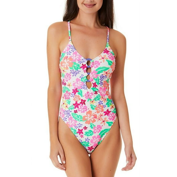 California Waves Junior's Hawaii Sunsets Ring Front One Piece Swimsuit White Multi Size Medium