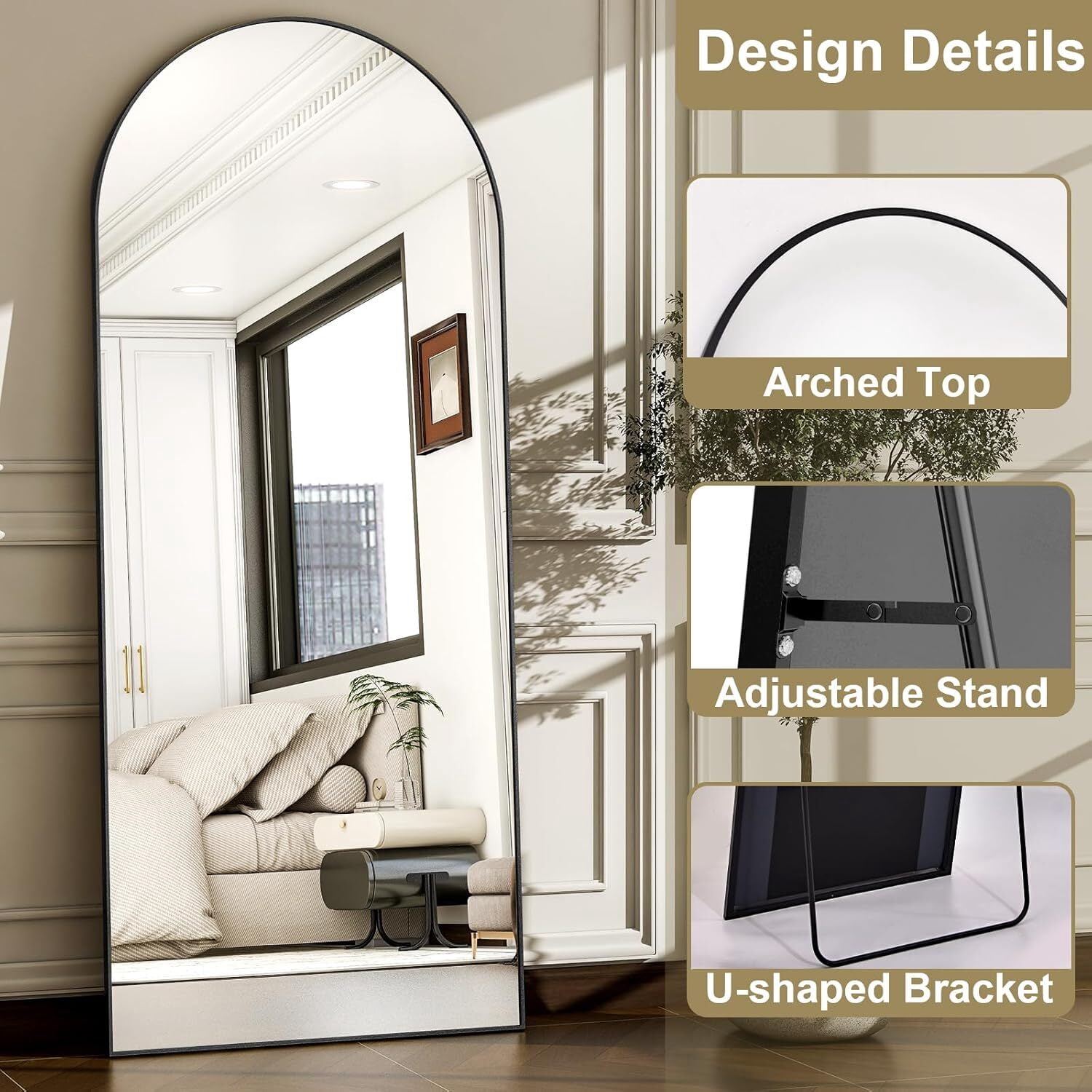 Lumora 38"x77" Arched Full Length Mirror with Stand Floor Mirror, Black