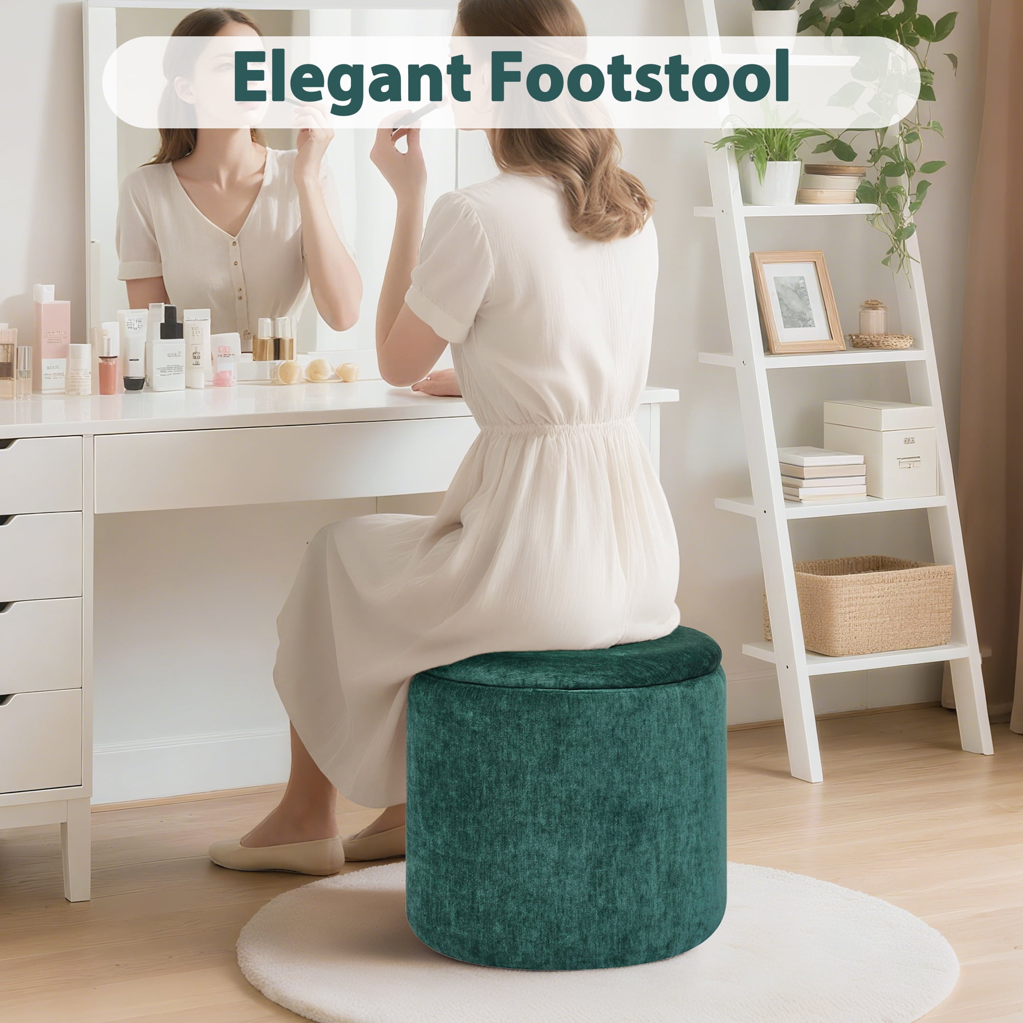 Aukfa 2-Piece Round Storage Ottoman Set,Chenille Coffee Table Footstool & Vanity Stool for Living Room/Bedroom/Entryway,Retro Green