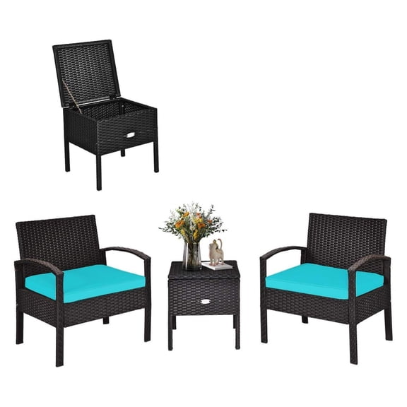 Bennium Rattan Patio Furniture Set 3 Pieces, Wicker Conversation Set with Tempered Glass Coffee Table, Seat Cushions, Outdoor Chair Wicker Sofa for Backyard Balcony Porch Poolside, Turquoise