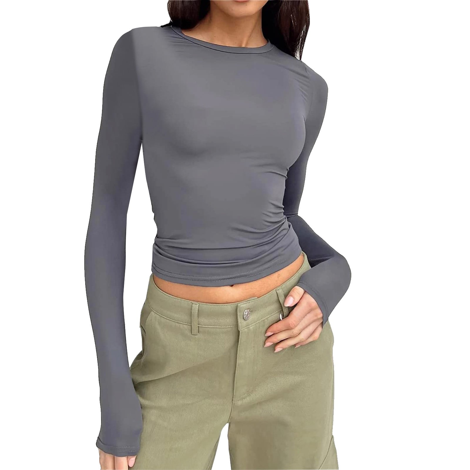 Camiseta De Manga Larga Mujer Con Pliegues En El Pecho - Tela 95% Algodón, Cuello Redondo | Básica Elegante Para Diario