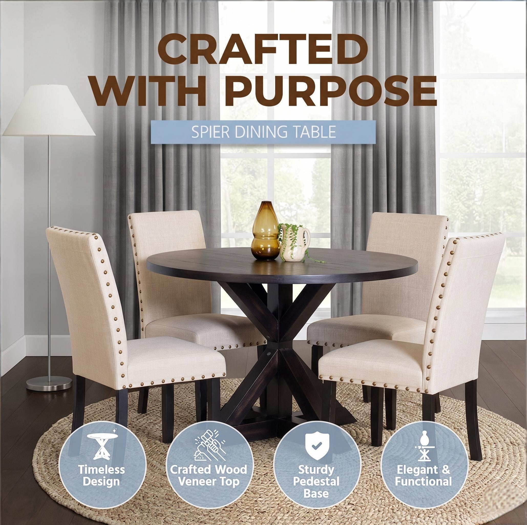 Howcool 5-Piece Round Cross-Buck Dining Table Set, Solid Rubberwood Base with 4 Velvet Upholstered Chic Chairs, Dark Black Finish for Kitchen & Dining Room