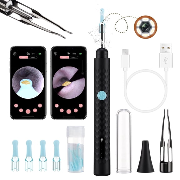 Visual Ear Wax Removal, Ear Cleaner with Camera, Ear Camera Otoscope with Light, Ear Cleaning Kit with 6 Led Light, 4pcs Ear Scoops, 130mAh Battery for iPhone, iPad, Android Phones (Black)