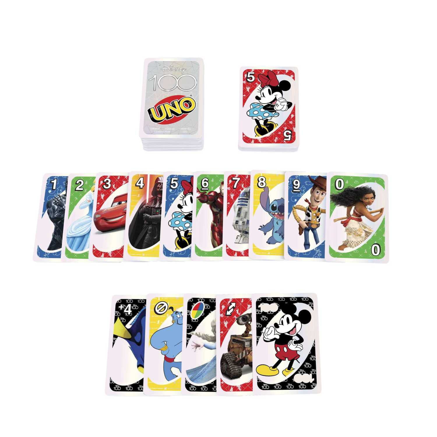 UNO® Disney 100 Card Game in Storage & Travel Tin for Kids & Family Night, Features Disney Characters and Collectible Foil Card