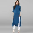 thumbnail image 1 of Janasya Indian Chinese Neck Roll-up Sleeve Solid Blue Poly Crepe Kurta For Women, 1 of 8