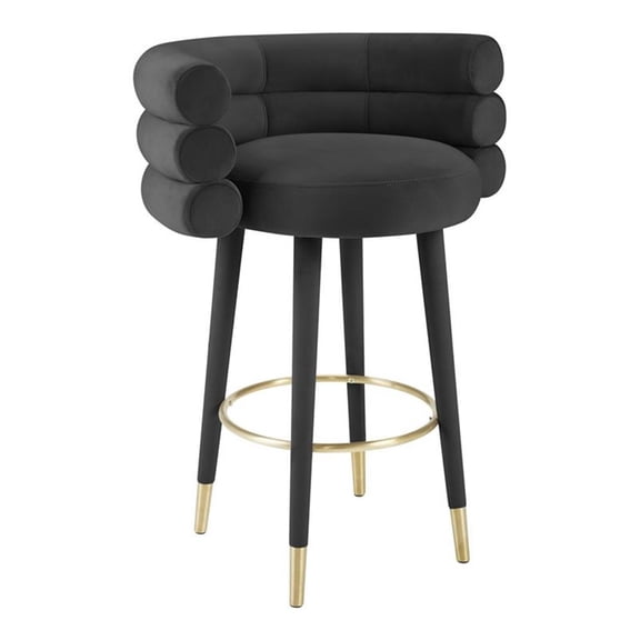 Pemberly Row 30.3"H Velvet and Plywood Bar Stool in Black/Gold