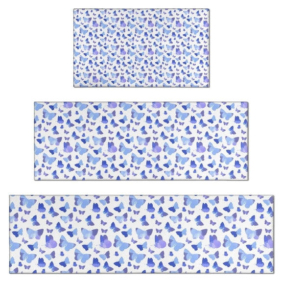 Light Blue Butterfly Purple Pattern Kitchen Rugs Sets Of 3,Kitchen Runner Rugs Non Skid Washable,Decorative Kitchen Floor Mats for Kitchen,Sink,Laundry,17"x30" 17"x47" 17"x59"