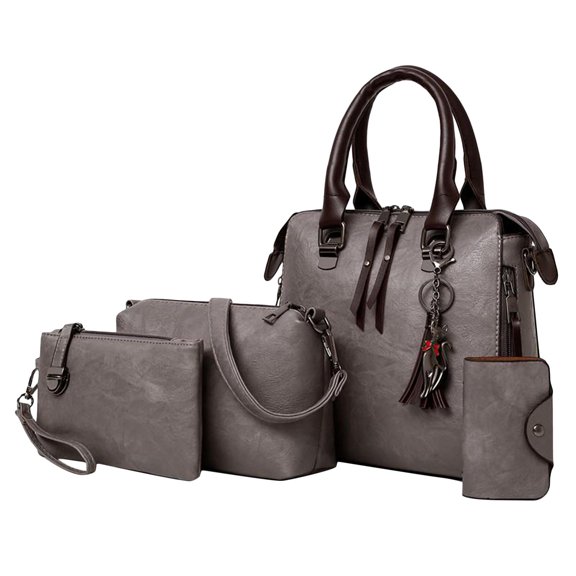 4pcs/set Women Handbag PU Leather Shoulder Bag Tote Purse Satchel Gift Gray