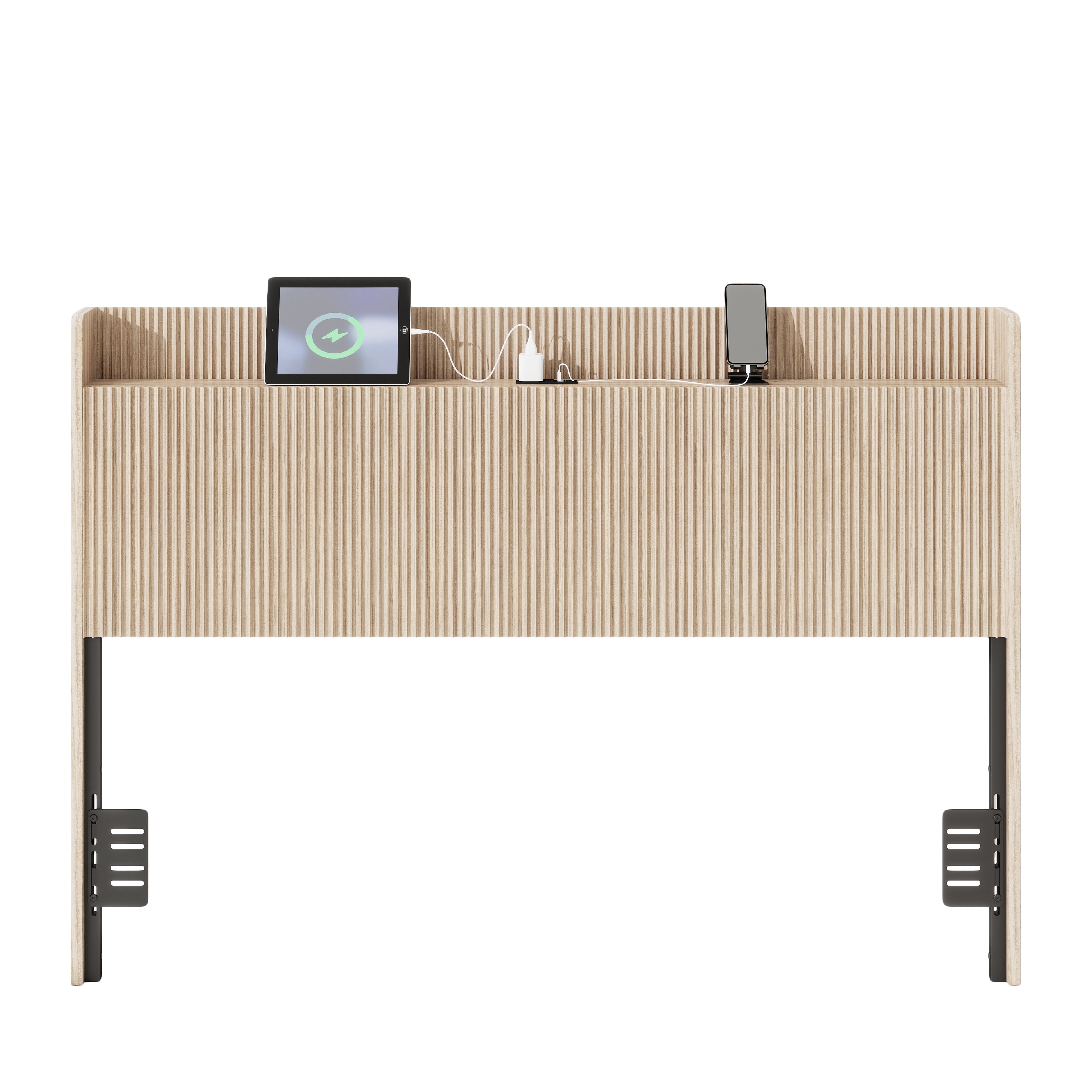 Fluted Headboard Queen Size 61.42 Inch, Bed Headboard with Charging Storage and Adjustable Brackets, Vertical Slat Wood Headboard for Twin Full Queen Bed, Oak