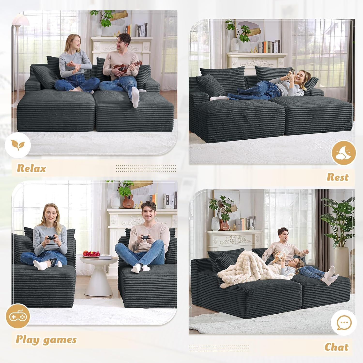 AENKYO Compressible Double Chaise Lounge Sectional Couch - Fluffy Upholstered 2-Seater Loveseat for Living Room, Bedroom, No Assembly Required, Dark Gray