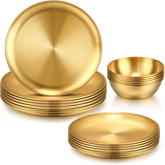 18 Pcs Gold Stainless Steel Dinnerware Set 10'' Metal Gold Dinner Plates 8'' Thickened Dinner Dishes 3.5'' Sauce Bowls Stackable Dishware for Kitchen BBQ Party Picnic, Service for 6