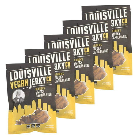 Louisville Vegan Jerky - Smokey Carolina BBQ, Protein Source for Vegans and Vegetarians, 12 Grams of Non-GMO Soy Protein, Gluten-Free Ingredients (3 Ounce, Pack of 5) 3 oz. bag (Pack of