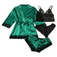 thumbnail image 3 of Ensemble de Pyjama en Satin de Soie pour Femmes 4 Pcs, Haut à Bordure en Dentelle, Short à Cordon, Pyjama Ceinturé avec Peignoir, 3 of 5