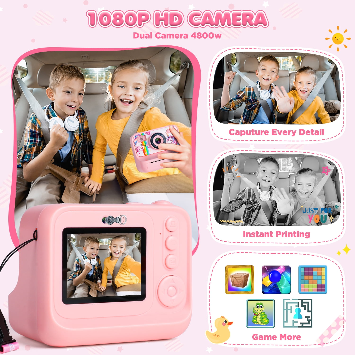 UQN Kids Digital Camera, 1080p Instant Print Camera for Boys Girls 3-10 Years Old, 32GB Unicorn Photo Toys, Birthday Christmas Gifts for 3 4 5 6 7 8 Year Old Kids Toddlers-Pink