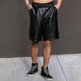 thumbnail image 3 of zeranth Men Summer Shorts Elastic Drawstring Waist Faux Leather Shorts Pockets Solid Color Wide Leg Shorts Streetwear, 3 of 7