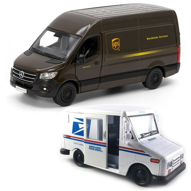 Maquetas de juguete de metal fundido a presión, juego de 2 unidades UPS Mercedes-Benz Sprinter y camión de correo postal de los Estados Unidos Grumman LLV, 12,7 cm
