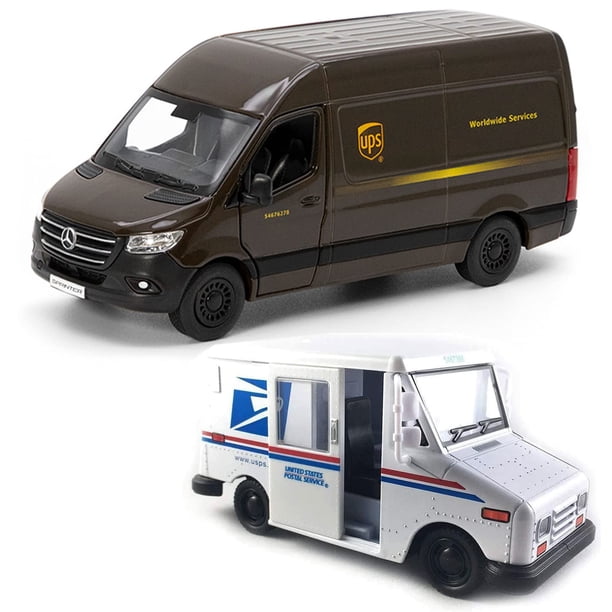 Maquetas de juguete de metal fundido a presión, juego de 2 unidades UPS Mercedes-Benz Sprinter y camión de correo postal de los Estados Unidos Grumman LLV, 12,7 cm