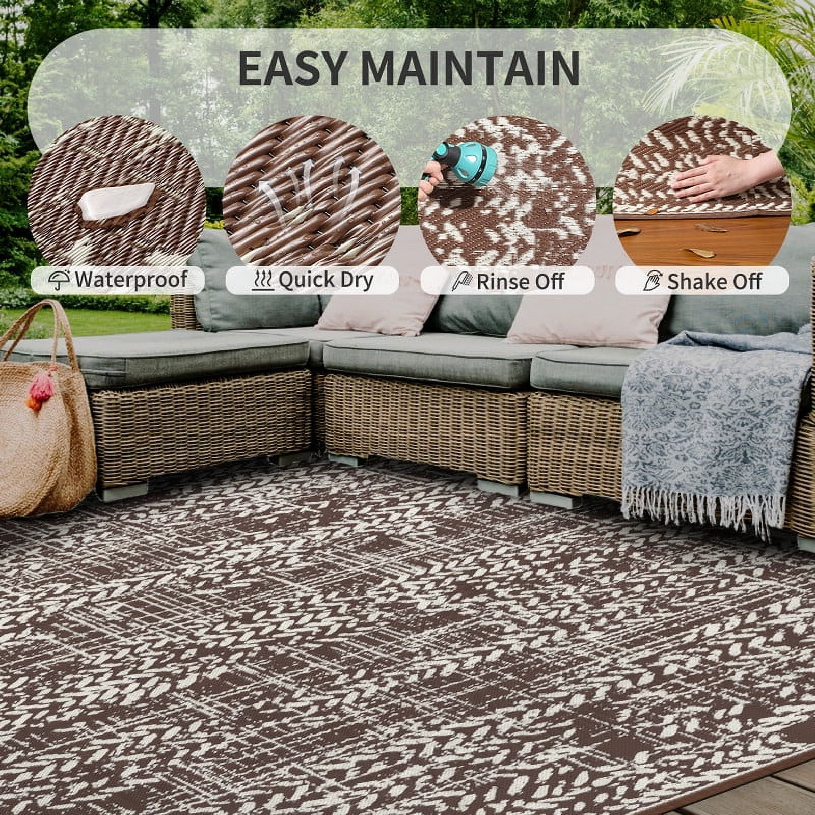 VUNATE Outdoor Rug 6'x9' Waterproof Reversible Carpet Patio Rug Plastic Indoor Outdoor Rug Portable Modern Large Straw Mat for Picnic RV Camping Porch Garden Picnic Deck Balcony Brown and Beige