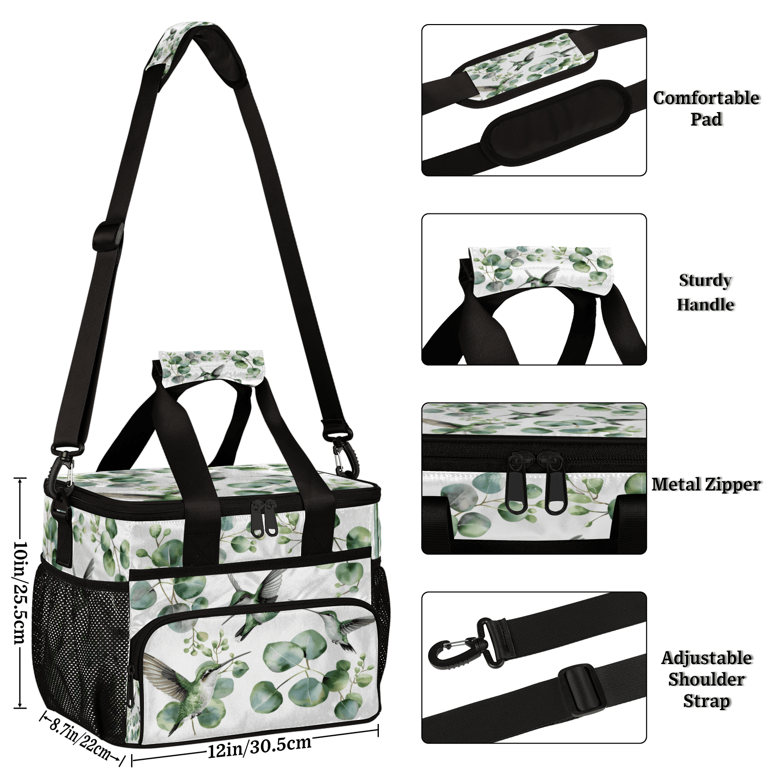 Herdesigns Hummingbird Eucalyptus Leaves Large Lunch Box for Adults Women Men with Adjustable Shoulder Strap, Insulated Reusable Lunch Bag Leakproof Cooler Tote Bag