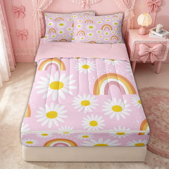 Erosebridal Daisy Flower Floral Zipper Twin Comforter Sets with Fitted Sheet and 2 Pillowcases for Girls, Boho Pink Rainbow Print Zipper Bedding Set, Pink Reversible, 4-Piece