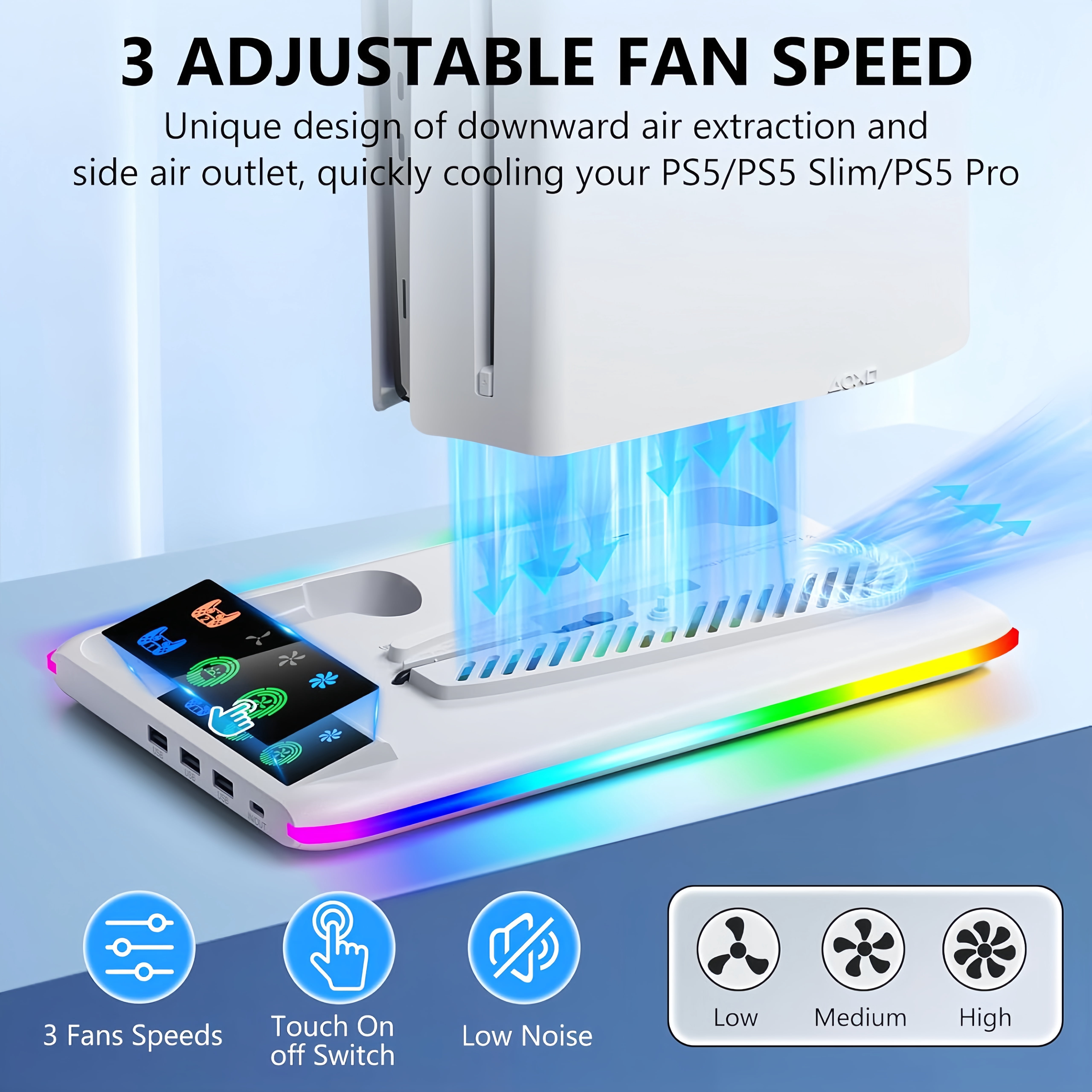 PS5 Cooling Stand with Dual Controller Charger, RGB Cooling Station for PS5/PS5 Slim/PS5 Pro Disc & Digital, 3-Speed Fan, 3 USB Ports, Headset Holder