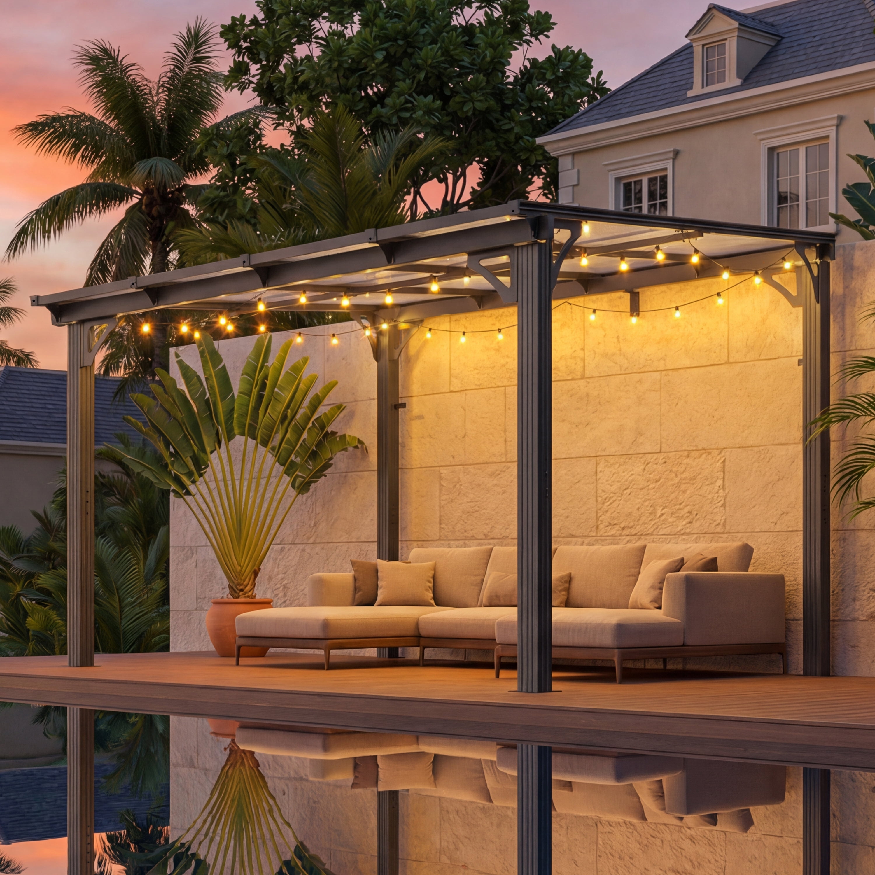 MUCHANT 10x8 ft Wall Mounted Gazebo, Hardtop Lean to Pergola with Polycarbonate Roof, Outdoor Patio Cover for Shade and Rain for Patios, Decks, Backyard