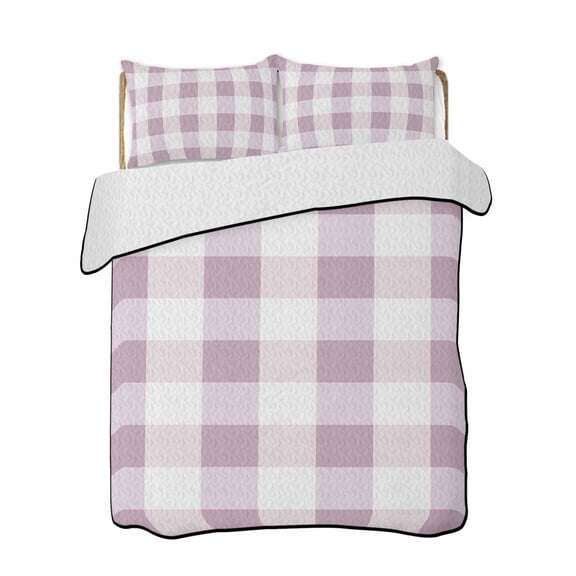 Quilts Queen Size Bedding Set, Pink Plaid Lightweight Quilted Comforter, Spring Summer Farmhouse Buffalo Checkered Soft Reversible Bedspread Coverlet with Pillow Covers for All Season, 90" x 96"