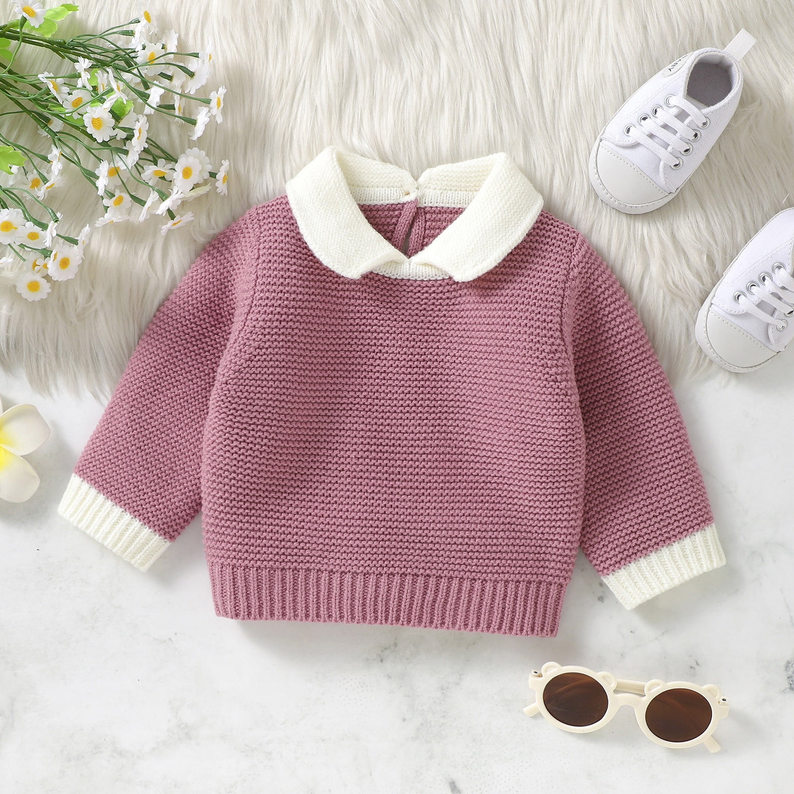 XFHLMJFF Boys Girls Sweater Cute Toddler Baby Knit Turn Down Collar Long Sleeve Pullover Fall Winter Clothes