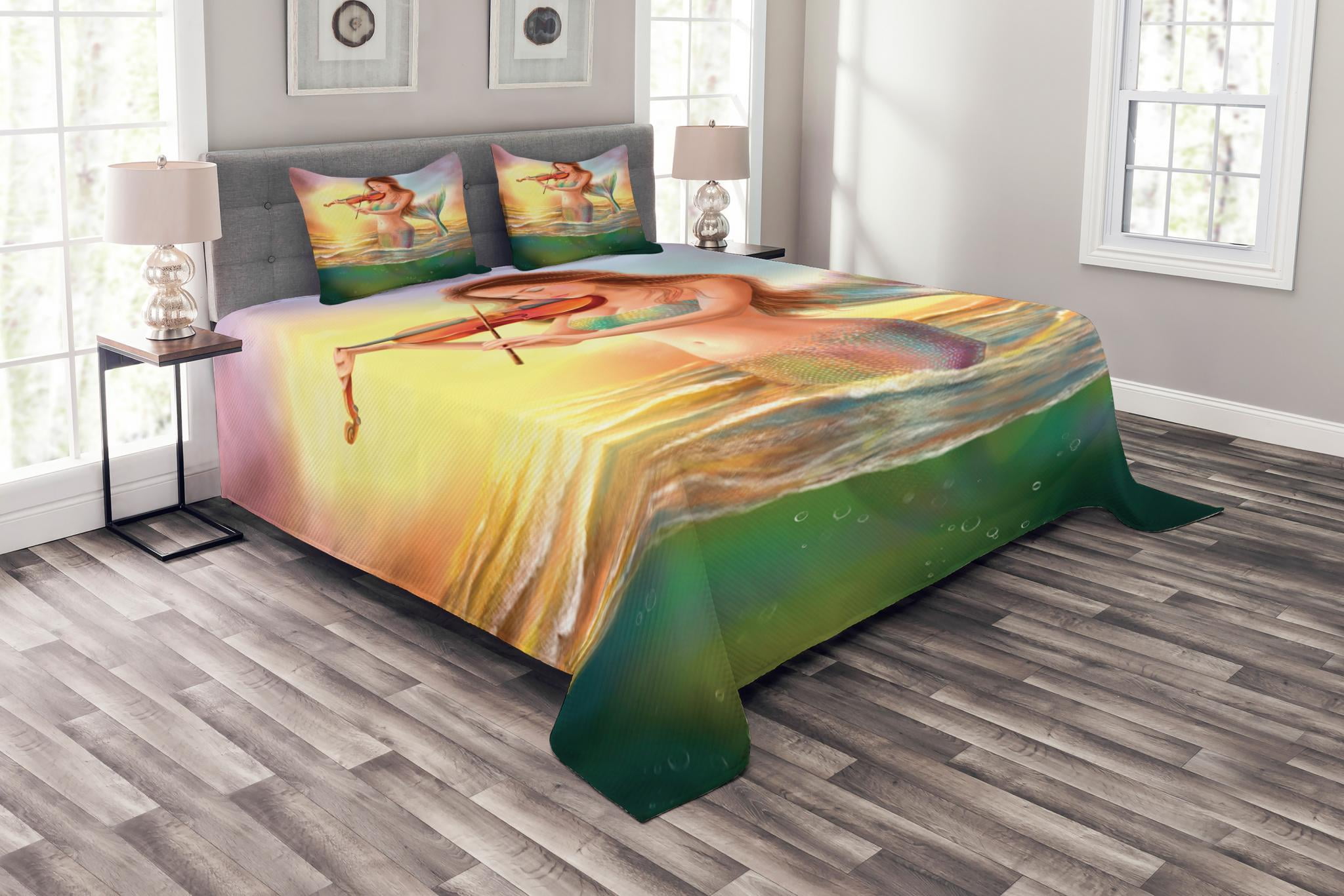 Mermaid Bedspread Set Queen Size, Mermaid Playing Violin at Sunset View ...