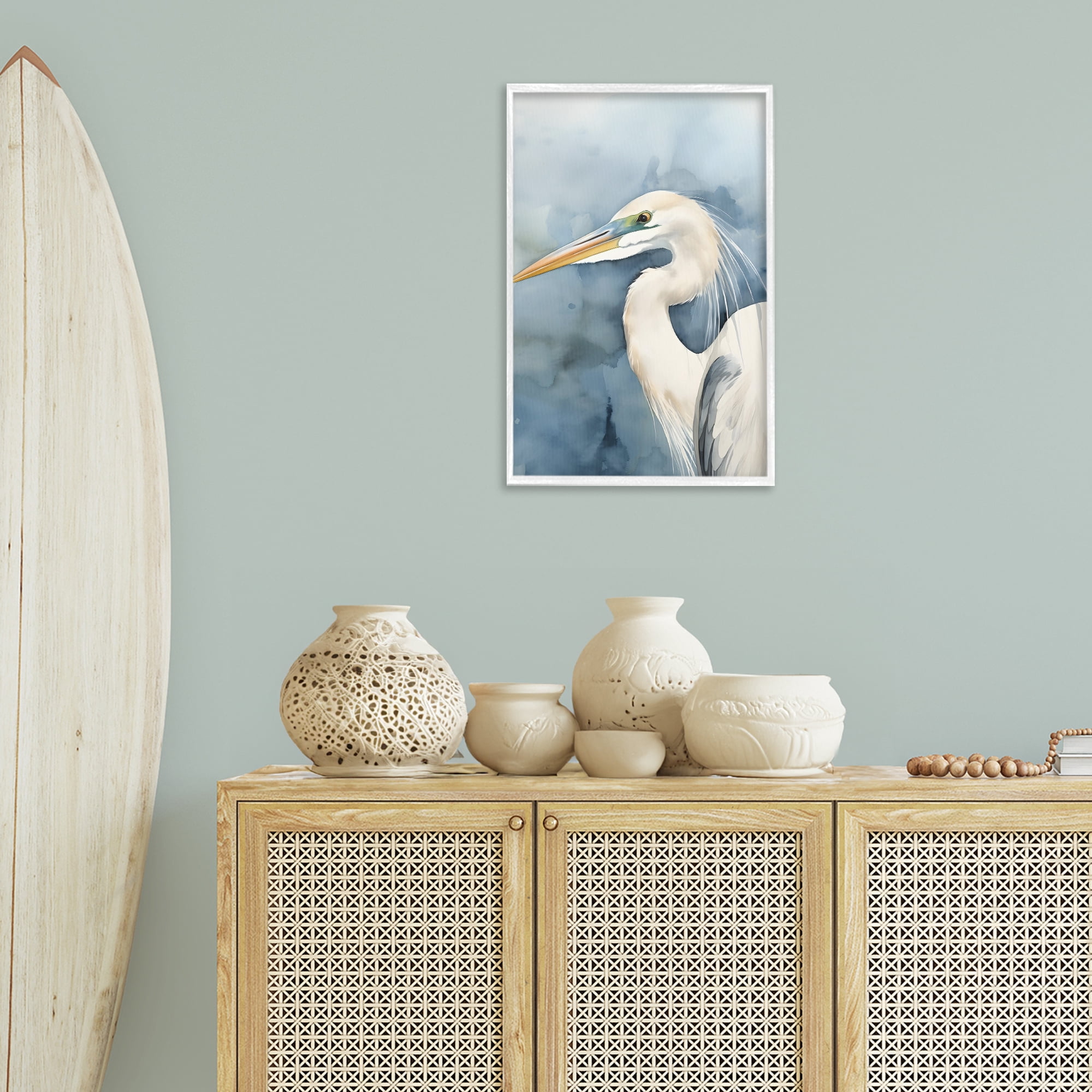 Stupell Industries Beach Bird on Blue Animals & Insects Painting White Framed Art Print Wall Art, 16 x 24
