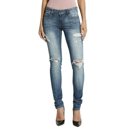 TheMogan Women's Destructed Ripped Low Rise Med Blue Skinny Jeans Medium 1XL