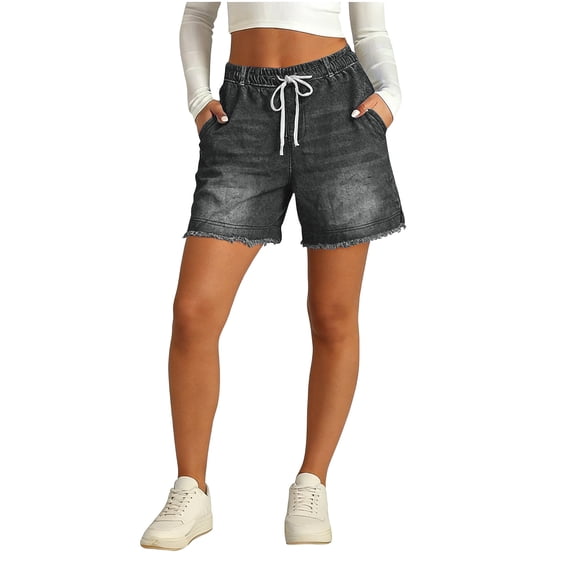 Women High Rise Ripped Stretchy Jeans Shorts Frayed Raw Hem Casual Denim Shorts Gray XL