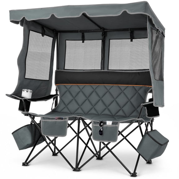 DKMOCO Oversized Double Camping Chair with Canopy Three Sides Sunshade Chair for Adults 2 Cooler Bags Cup Holders 660 lbs Capacity Heavy Duty Folding Chair for Camping Beach Fishing Outdoor Gray