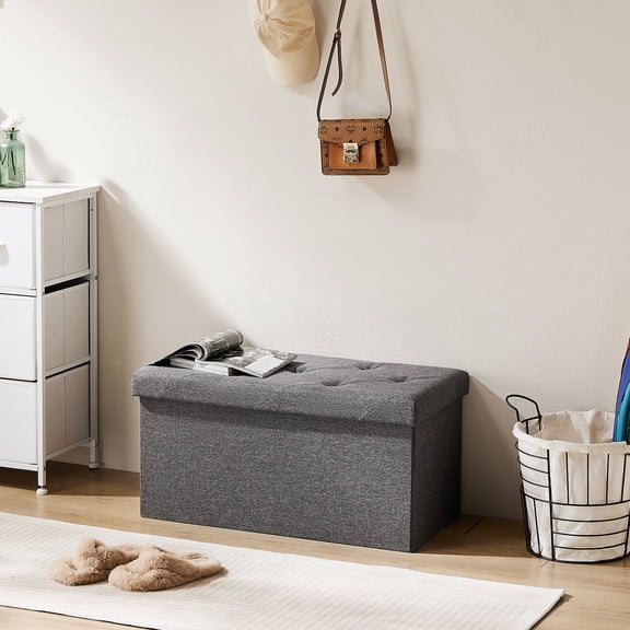30-inch Folding Storage Ottoman Bench with Padded Seat, Linen Fabric Footrest Chest for Bedroom, Living Room, Entryway, Holds up to 660 lbs