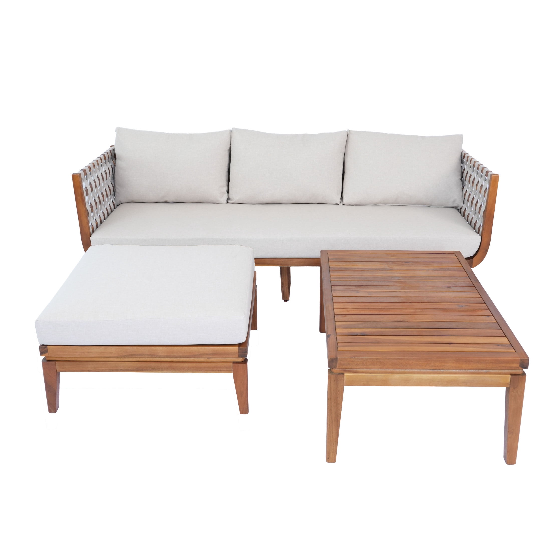 Christopher Knight Home 3-Piece Outdoor Conversation Sofa Set with Ottoman and Coffee Table, Teak+Beige