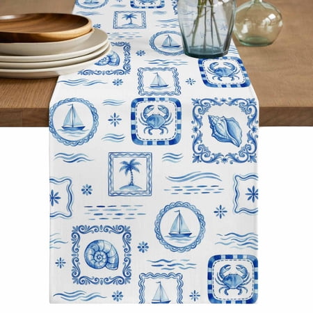 Blue Nautical Ship Table Runner 72 Inches, Coastal Conch Crab Palm Trees Waves Bed Runner Dresser Scarves Tabletop for Indoor Outdoor Parties/Ceremony/Banquet, 14" x 72"