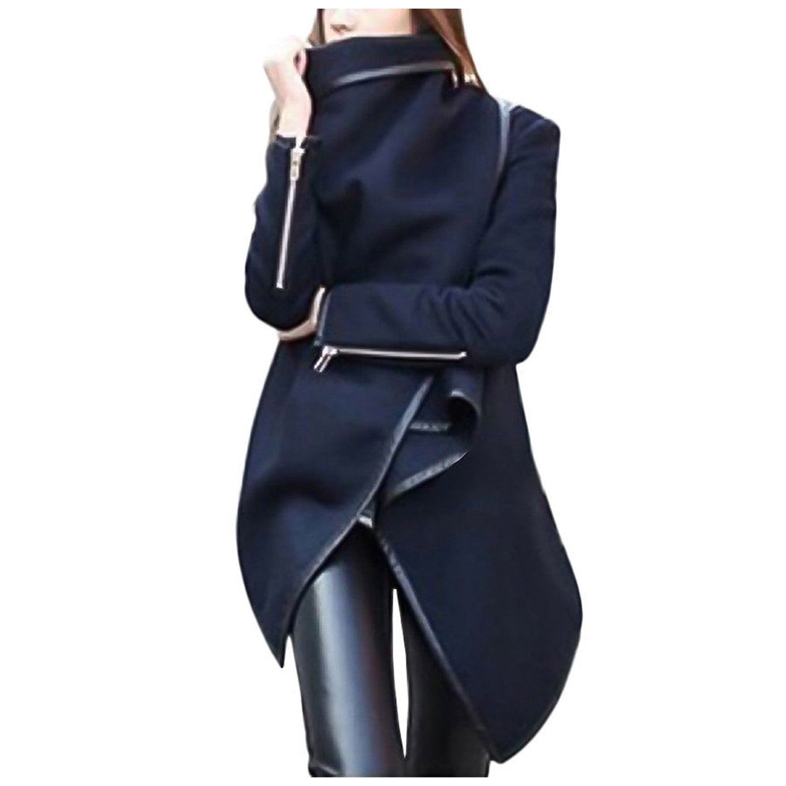 Pongfunsy Women Irregular Bow Zippers Sleeve Long Warm Coat Wool Jacket Windbreaker 